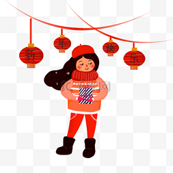 happynewyear可爱图片_拿着礼物的小女孩祝福新年快乐