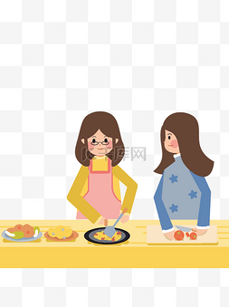 小清新场景插画图片_扁平化小清新母女俩一起做饭