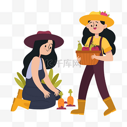 农业插画图片_可爱农业女孩蔬果绿色种植收获素