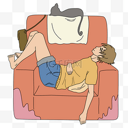睡觉小猫卡通图片_男孩在沙发上睡觉免抠图