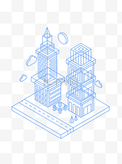 矢量等距立体2.5D蓝色线性城市建