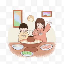 冬季卡通手绘小女孩吃火锅