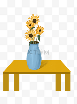 桌子上的树叶图片_手绘桌子上花瓶里的向日葵