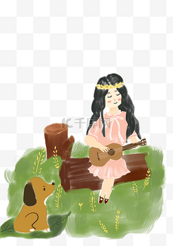 草丛中弹琴的女孩手绘PNG素材