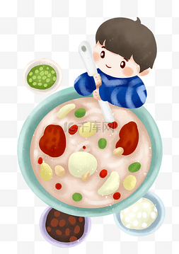 手绘腊八节吃粥的男孩插画
