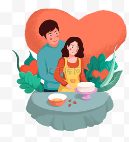 草莓爱心蛋糕图片_手绘插画情人拥抱料理食物