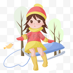 手绘冬季旅游玩雪橇女孩插画