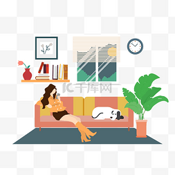 沙发上的狗狗图片_卡通插画风房间里看手机的女人
