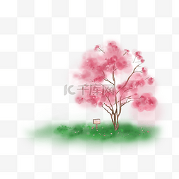 淡彩桃花图片_手绘粉色桃花树和草地