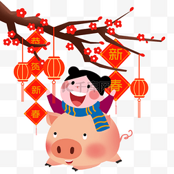 猪的灯笼图片_新年骑金猪卡通人物插画