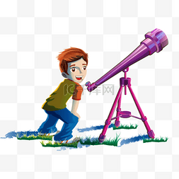 小男孩望远镜手绘图片_天文爱好者男孩 