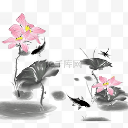 创意花朵素材图片_创意水墨风荷花蜻蜓素材