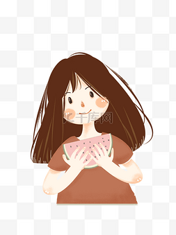 手绘吃西瓜的人图片_小女孩吃西瓜的psd人物插画设计