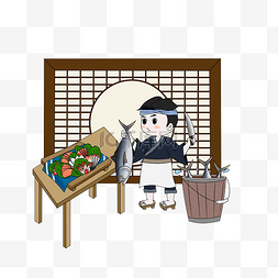 手绘男神素材图片_日本料理厨师卡通手绘插画
