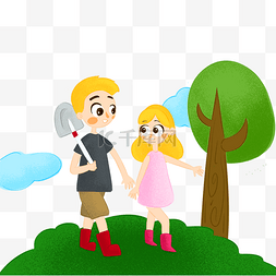 户外植树图片_手绘植树节卡通男孩和女孩辛勤植