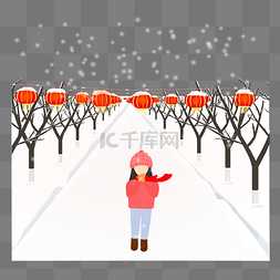 下雪场景卡通图片_冬天下雪灯笼下的女孩