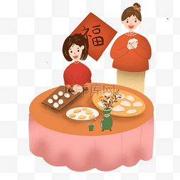 手绘春节女孩开心包饺子