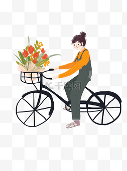 鲜花和少女图片_骑自行车的少女和鲜花卡通元素