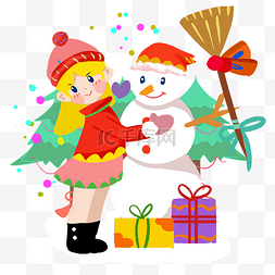 堆雪人的小朋友图片_圣诞节小女孩堆雪人手绘插画