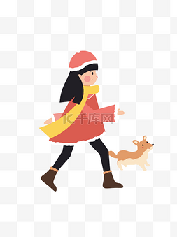 简约女孩卡通图片_散步的小女孩和她的小狗可商用元