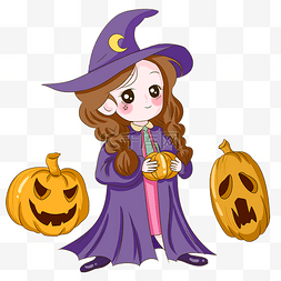 紫服装女巫万圣节装扮插画