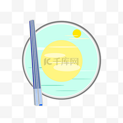 手绘盘子筷子图片_蓝色的盘子和筷子插画