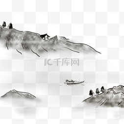 水墨手绘山水图片_中国风水墨山水小船简笔写意