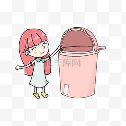 女孩扔垃圾图片_手绘红头扔垃圾插画