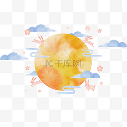 明月手绘图片_中秋节白云明月兔子