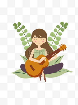 女孩文艺图片_卡通手绘正在弹吉它的女孩矢量图