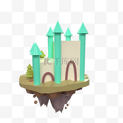 卡通清新漂浮小岛城堡