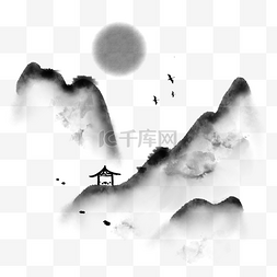 黑白水墨画图片_一副古风山水插图装饰