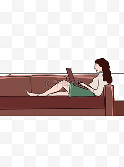 躺沙发女孩图片_手绘躺在沙发上玩电脑的女生人物