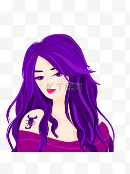 纹身的美女图片_卡通手绘紫色头发的美女元素