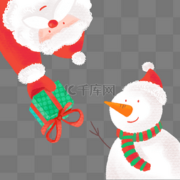 雪人圣诞快乐图片_手绘可爱圣诞老人送礼物给雪人