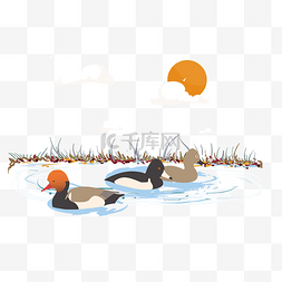 卡通池塘矢量图图片_手绘黄昏鱼塘里面的鸳鸯设计