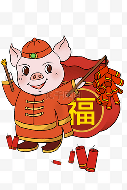 新年小猪鞭炮图片_双十一卡通手绘插画