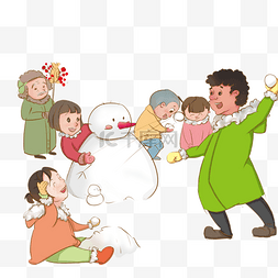 小孩打雪仗图片_新年堆雪人小孩