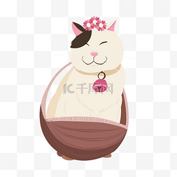 时尚手绘花朵图片_矢量坐在竹篮中的猫咪