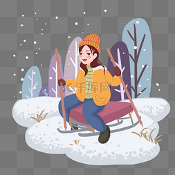 冬季滑雪人物插画图片_冬季滑雪的小女孩