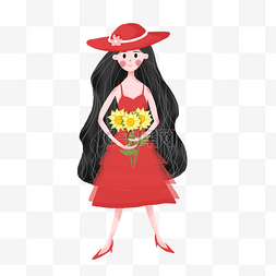 简约手绘穿红色礼服的女孩插画海
