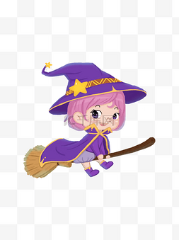 女巫可爱图片_手绘骑着扫帚的魔法师可爱小女巫