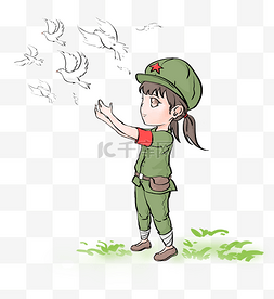 党史插画图片_建党节放飞和平鸽的女军人插画