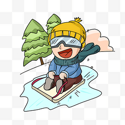 绿树插画图片_卡通手绘冬季刺激滑雪插画