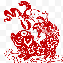 年画猪图片_手绘剪纸传统中国风年画