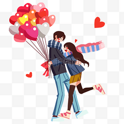 情侣拥抱手绘插画图片_手绘情人节气球插画