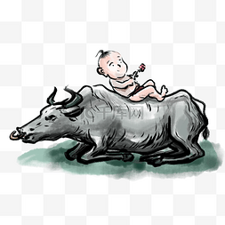 牧童骑牛摆件图片_手绘放牛的孩子插画素材