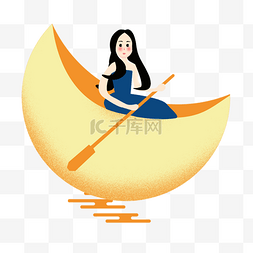 时尚的女孩图片_漂亮的女孩坐在月亮上面划船免抠