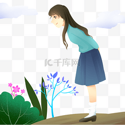 闻图片_春游闻花香的女孩插画