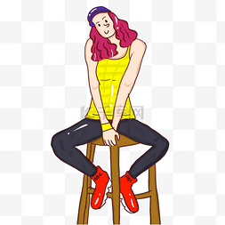 坐着凳子的女生手绘插图PSD源文件